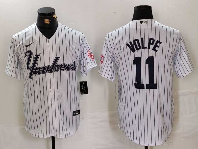 Men%27s New York Yankees #11 Anthony Volpe White Pinstripe Fashion Cool Base Jersey->new york yankees->MLB Jersey